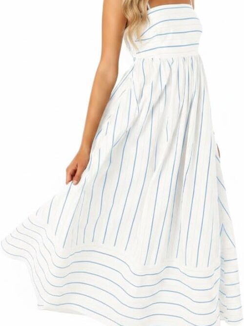 Women's Striped Back Smocked Maxi Dress Sexy Spaghetti Strap Cut Out Flowy Swing Long Dress