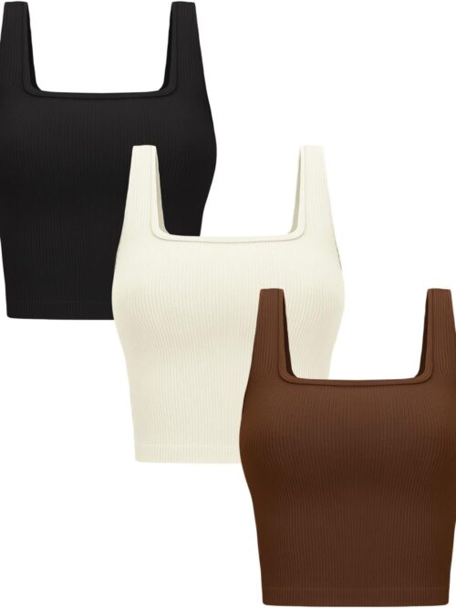 Womens 3 Pack Crop Tank Tops Basic Seamless Ribbed Sleeveless Square Neck Workout Top Summer Exercise Yoga Gym Shirts