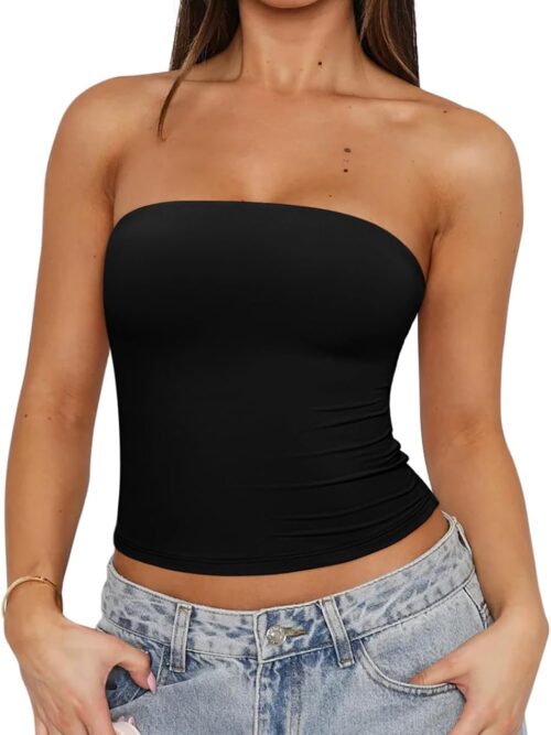 Women's Strapless Tube Top Double Lined & Non-Slip Y2K Backless Crop Tops for Summer Going Out