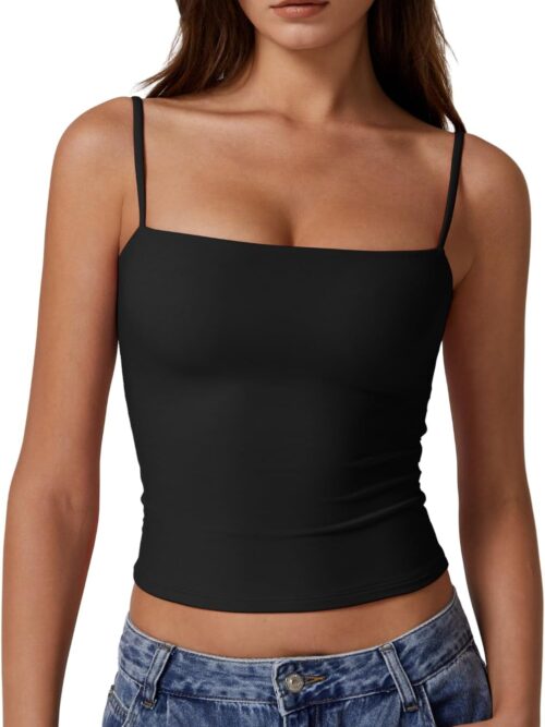Women's Double Lined Basic Tank Top Adjustable Spaghetti Straps Sleeveless Camisole Shirts