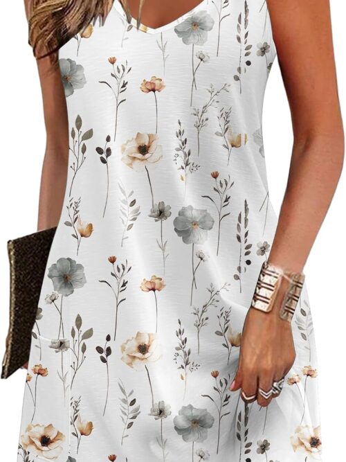 Womens Summer Dress  Loose V Neck Sleeveless Sundresses Swimsuit Coverup with Pockets Floral Tank Dresses