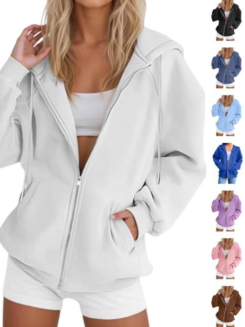Zip Up Hoodie Women Long Sleeve Fall Winter Plus Size Plain Hooded Sweatshirts Trendy Casual Fashion Jacket With Pockets