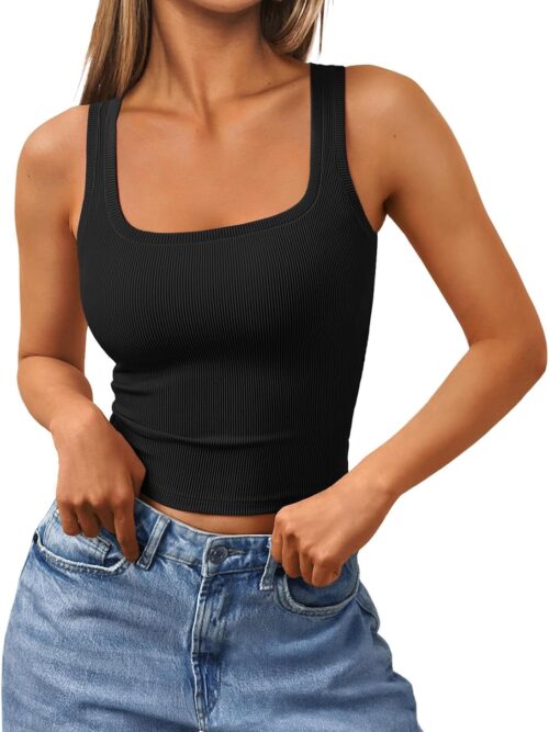Women's Square Neck Cropped Ribbed Tank Tops Summer Sleeveless Clothes