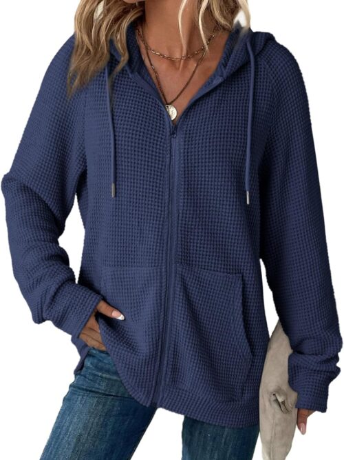 Women Full Zip Up Hoodies Waffle Knit Long Sleeve Drawstring Casual Sweatshirt Hooded Tops