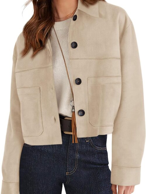 Women Faux Suede Cropped Jacket Casual Lightweight Fall Fashion Winter Coats Outerwear Trendy Clothes