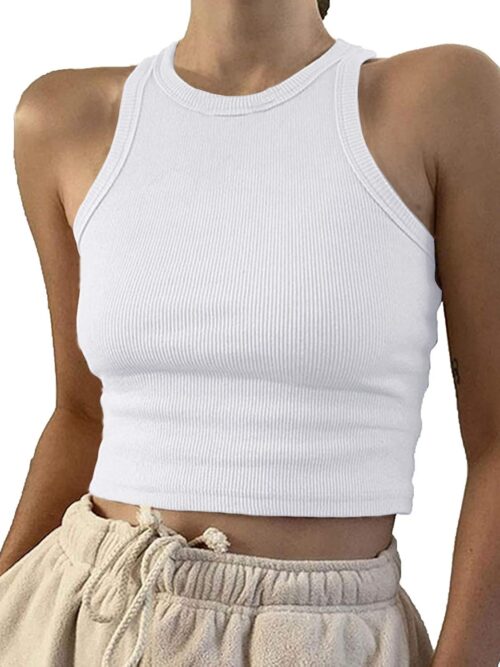 Women Casual Basic Sleeveless High Neck Rib-Knit Y2k Crop Tank Top