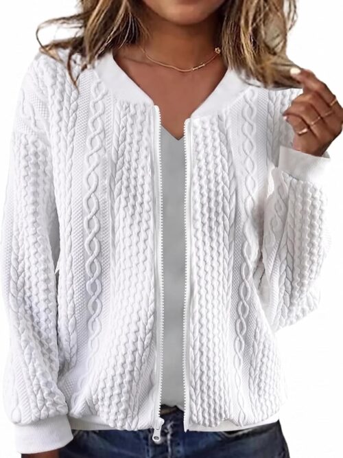 Women Zip Up Cardigan Sweater Cable Hoodies Long Sleeve Jacket Outfits Crewneck Casual Coat